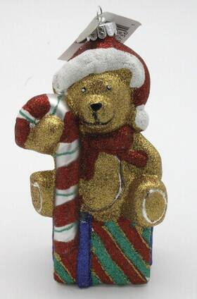 40256 Christopher Radko Christmas Glittered Teddy Bear Glass Blown Ornament Vtg
