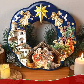 Cinnvoice-qiy-0735 Cinnvoice Holy Family Wreath Decorations Christmas Front Door Wreaths Sign Wooden Nativity