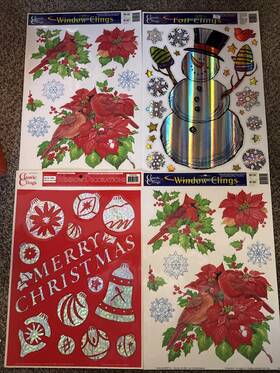 Classic Clings 727223126422 4 Christmas Winter Window Cardinal Poinsettia Holographic Snowman Vintage