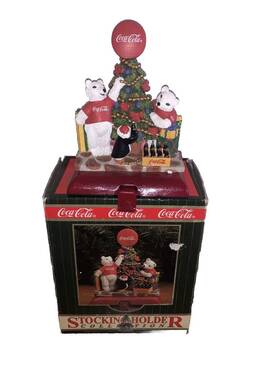 Coca-cola 715429970307 Stocking Holder Vtg Cast Iron Christmas Tree Polar Bear And Penguin
