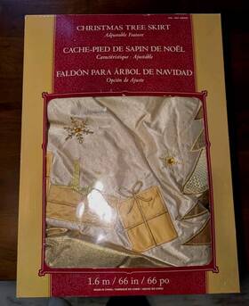 Costco 1900222 Golden Christmas Tree Skirt With Satin Trees And Gifts Adjustable 60 Inch -66