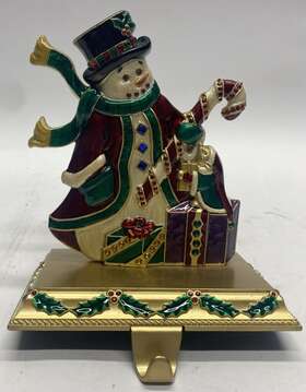 Costco 400009004045 Jeweled Enamel Gold Metal Christmas Stocking Holder Hanger Snowman