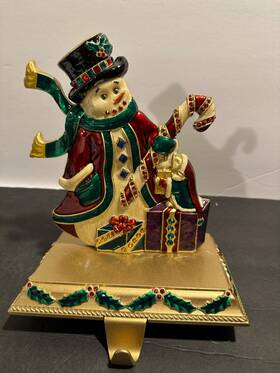 Costco 400009004083 Jeweled Enamel Gold Metal Snowman Christmas Stocking Hanger/holder