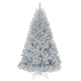 Cm22826 Costway 6ft Hinged Unlit Artificial Silver Tinsel Christmas Tree Holiday With Metal