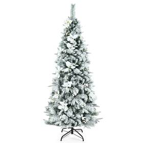 C501a4201 Costway 6ft Snow Flocked Christmas Pencil Tree With Berries And Poinsettia Flowers