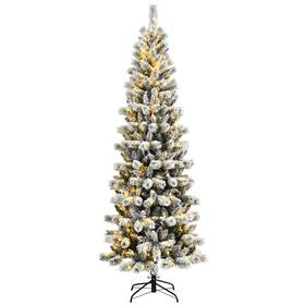 C513usa4215 Costway 8ft Pre-lit Hinged Christmas Tree Snow Flocked With 9 Modes Remote Control Lights