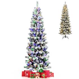 Fm23513usa6657 Costway 8ft Pre-lit Hinged Christmas Tree Snow Flocked With 9 Modes Remote Control Lights