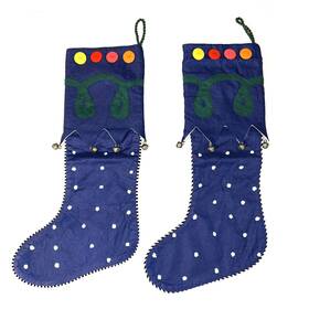 356-344 Crate And Barrel Lot Of 2 Snowflake Holiday Stockings Christmas Bells Buttons Blue