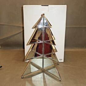 661597 Crate And Barrel Mirror Christmas Holiday Pine Tree 4 Sided 12 Inch Standing With Box