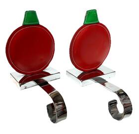 670-533 Crate And Barrel 2 Red/silver Leather Christmas Balls Mantel Stocking Holders