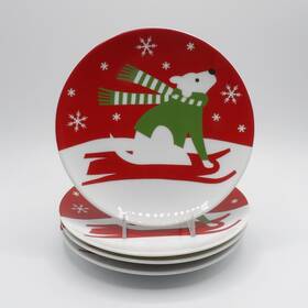 525-980 Crate & Barrel Snowpup By And Salad Dessert Plate Christmas Holiday Euc Set Of 4