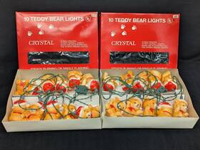 410l Crystal 2 Vtg Christmas Teddy Bears Santa Hats 10 String Lights Plastic Blow Mold Box