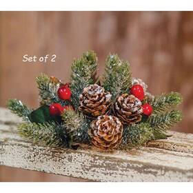 Fxg5031 Cwi Set Of 2 - Icy Christmas Red Berry 1 Inch Candle Rings Glittered Pinecones