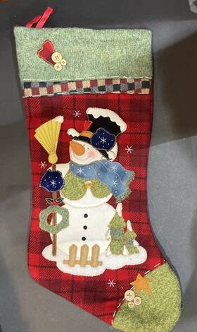 X557378-c Dan Dee Collectors Choice Christmas Stocking Snowman Broom Red Plaid Buttons