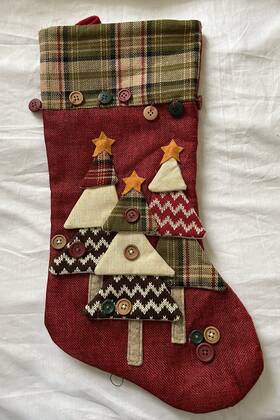 M5783 Dandee Dan Dee Christmas Stocking Trees Buttons 18 Inch Red Tan Brown Burlap Felt Vintage