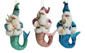 79-81137 December Diamonds Santa Neptune Mermen Plush Blue Pink Green Christmas Holiday Ornaments Set Of 3