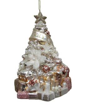 79-81204 December Diamonds Blush Christmas Tree With Flowers Holiday Ornament Glass