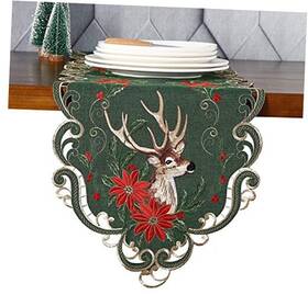 Deco Art Home 612789625093 Christmas Holiday Table Runner 13x68 With Deer And Poinsettia