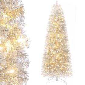 Uo003 Decoway Pre-lit Pencil Christmas Tree 6ft Artificial Silver Tinsel Xmas