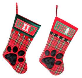 81115 Dennis East Woof And Meow Plaid Paw Print Family Pets Christmas Holiday Stockings Set Of 2