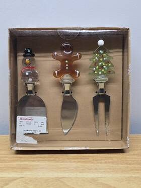 91390 Dennis East New Christmas Blown Glass Handle Cheese Knife Set Santa Tree And Snowman