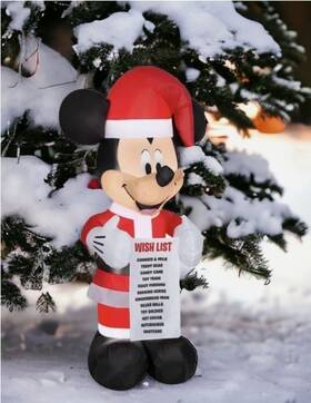 881778 Disney 6ft Led Mickey Mouse In A Santa Suit Holding Wishlist Christmas Inflatable