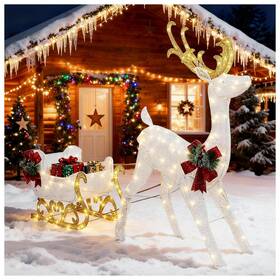 Dl-win 743449438538 Christmas Reindeer And Sleigh Outdoor Lighted Decoration Set White Used