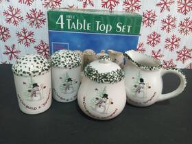 Dolgencorp 012495343395 Christmas Snowman 4 Piece Stoneware Sugar Creamer Salt And Pepper Shakers Vntg