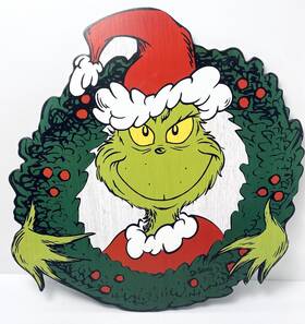 4esfb0ch0 Dr Seuss Dr. Grinch Christmas Wreath Wood Wall Decor Art Hanging 16 Inch Santa Hat Xmas