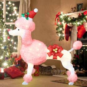 Drofely 974387766023 35 Inch Christmas Poodle Dog Decoration With Lights 3d Pink Lighted-up Outdoo