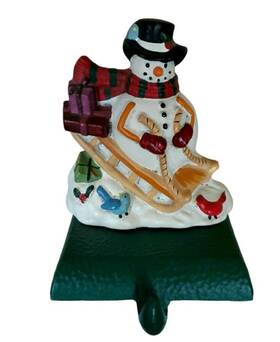 0534 Eddie Bauer Home Cast Iron Christmas Stocking Hanger Holder Snowman On Sled With Birds