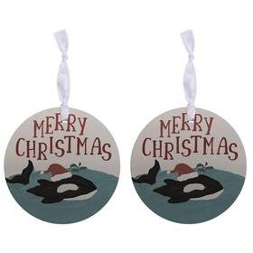 Elanze Designs 196812042137 Merry Christmas Whale Red Santa Hat 4 Inch Mdf Wood Ornaments Set Of 2