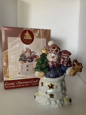 543-3679 Enchanted Forest Christmas Ceramic Snowman Tea Light Candle Holder By