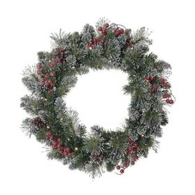 Mom24-9152 Enchanted Forest 24 Inch Prelit Led Wintery Pine Artificial Christmas Wreath Holiday Hanging Decor