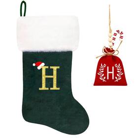 Eoocan 729734038393 20 Inches Monogram Christmas Stockings Green Velvet With White Super Soft Plu