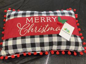 P3918 Evergreen Inch Merry Christmas Lumbar Pillow Pom-poms 16x10