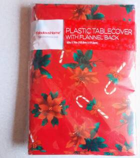 Fabulous Home 011546336362 Christmas Poinsettia And Candy Cane Red Plastic Tablecloth Flannel Back 52 Inch X 70