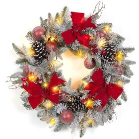 Fashionwu 196336797988 24 Inch Lighted Christmas Wreaths Pre-lit Xmas Wreath With 3 Red Bow Pine W