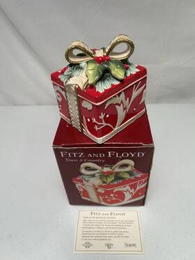 Fitz And Floyd 742414329024 Town Country Christmas Lidded Box Present Bow Holly Ceramic