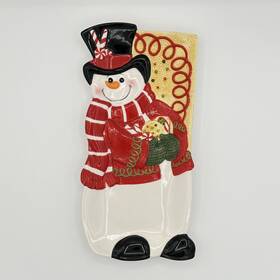 Fitz & Floyd 19/565 And Sugar Coated Christmas Snowman Elongated Ceramic Serving Tray 2008