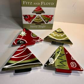 2063 Fitz & Floyd 2063/375 And Merry Jingle Christmas Tree Shaped Dessert Plates Set Of 4 Ceramic
