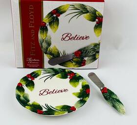 5235267 Fitz & Floyd And Tartan Christmas Believe Snack Plate With Spreader Holly Pine