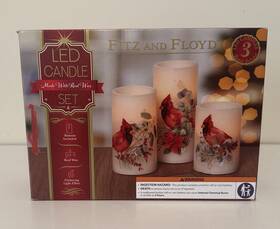 5304964 Fitz & Floyd And Led 3 Pc. Pillar Candle Set Christmas Cardinal With Remote In Box