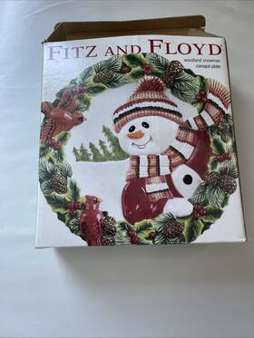 Fitz & Floyd 746944785015 And Woodland Snowman Canape Plate 9 Inch Christmas Dish 2003 Cardinals