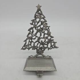 03976 Fortunoff Pewter Metal Christmas Tree Fireplace Mantle Shelf Stocking Holder Hanger - Euc