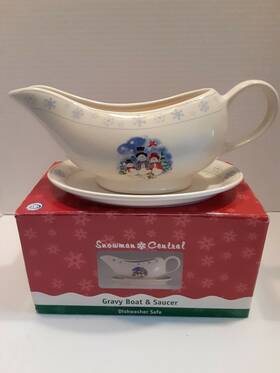 Four Star Group 049696417020 Holiday Snowmen Gravy Boat And Saucer Christmas Stoneware