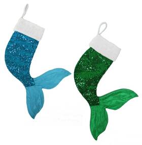 7803053 G Mermaid Tails Blue And Green Sequins Christmas Holiday Shaped Stockings Set Of 2