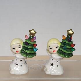 Ganz 696322270735 Ceramic Retro Style Christmas Angel With Tree Light Up 3.5 Inch Set 2