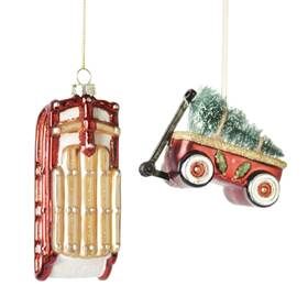 Mx180010 Ganz Red Sled And Wagon Pulling Tree Christmas Holiday Ornaments Set Of 2