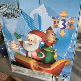 Gemmy 086786814949 Christmas Santa And Elf In Sled Lights Up Airblown Inflatable 3 Ft Tall